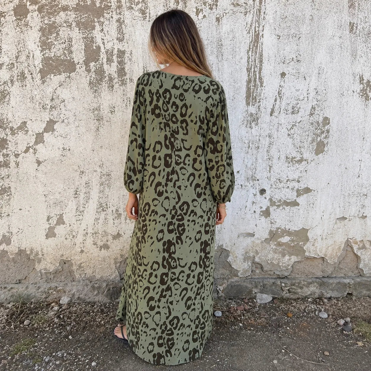 Lunavia – Leopard Print V-Neck Maxi Dress with Pockets, Loose Kaftan Fit, 4 Colors