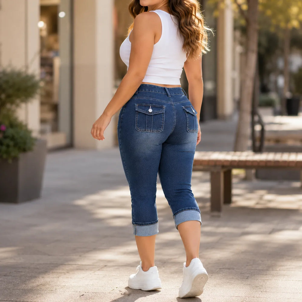 Curvella – Curvy Fit Stretch Denim-like Capri Jeans, Mid Rise Cuffed Hem