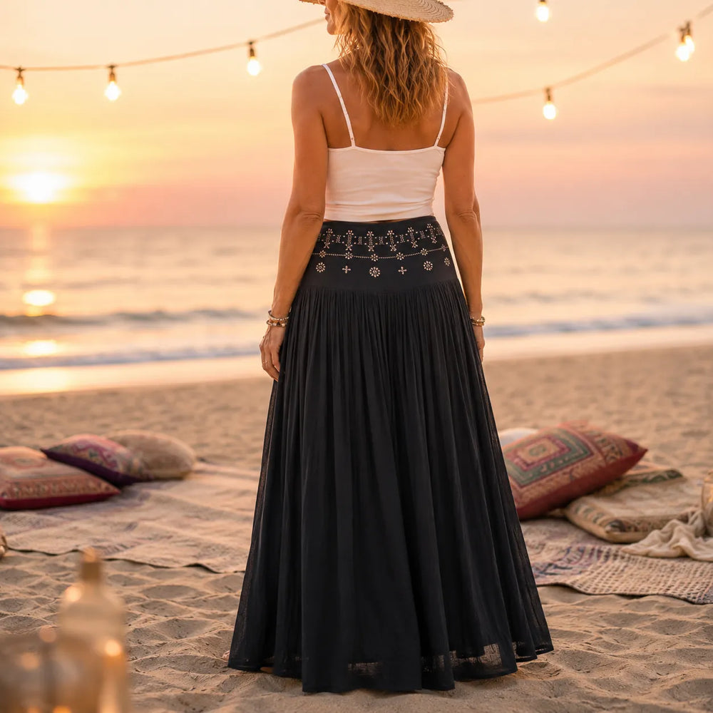 Soléra – High Waist A-Line Boho Maxi Skirt for Women