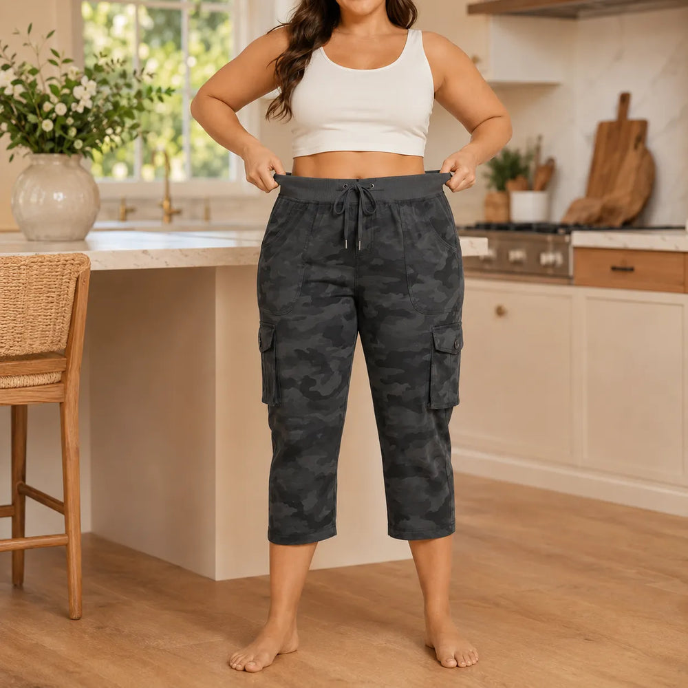 Wearwell – Stretchy Cargo Capris with Drawstring Waist and Multiple Pockets