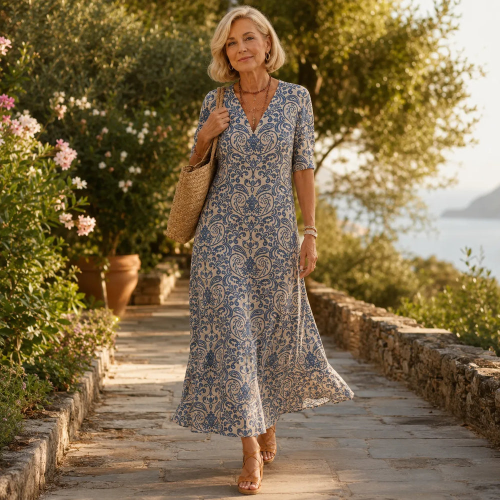 Florenza – Vintage Paisley V-Neck A-Line Maxi Dress with Half Sleeves