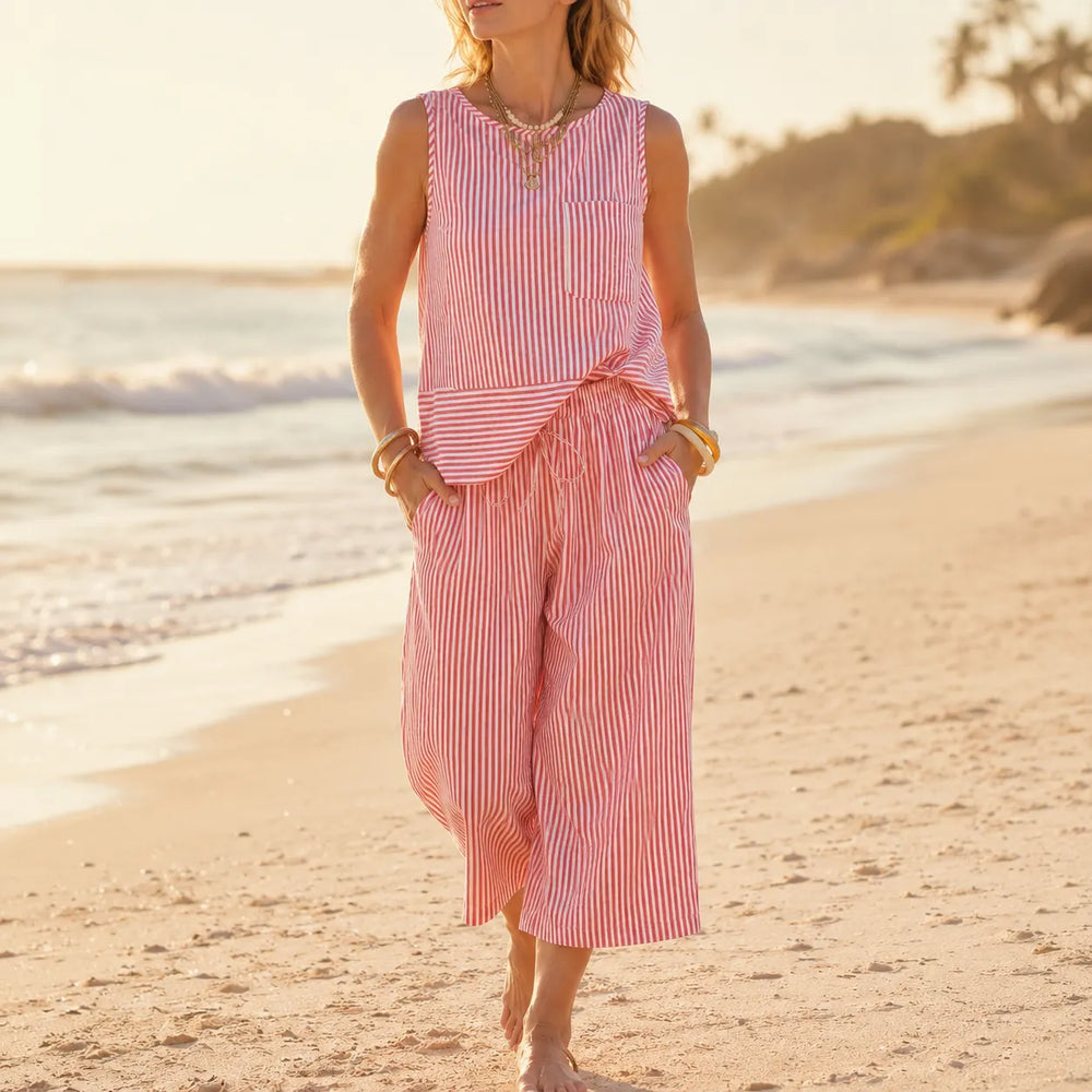 Solenne – Striped Wide Leg Two Piece Summer Set for Women