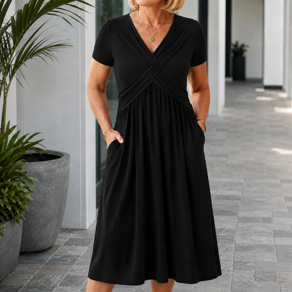 Marabelle – V-Neck Cross-Front Pleated Midi Dress with Pockets