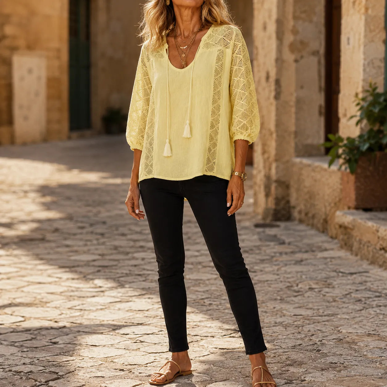 Soraya – Boho Lace Look Blouse with Tassel Tie U-Neck