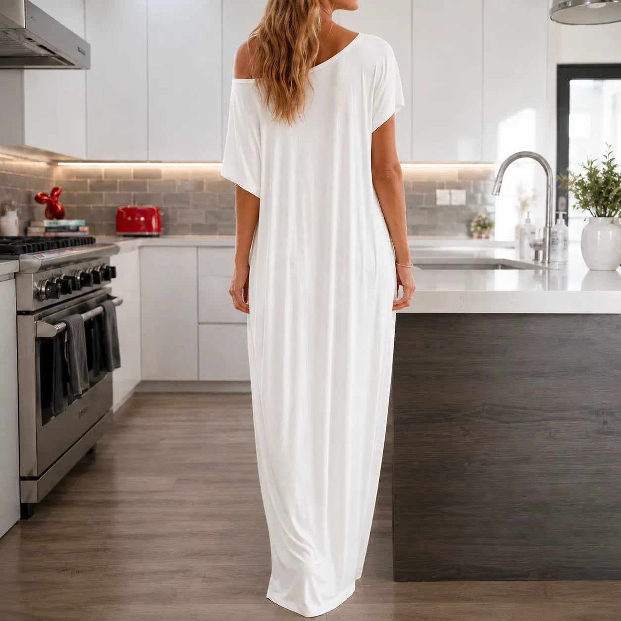 Solenne – Off-Shoulder Drape Maxi Dress with Side Pockets, Soft Viscose Throw-On Summer Dress
