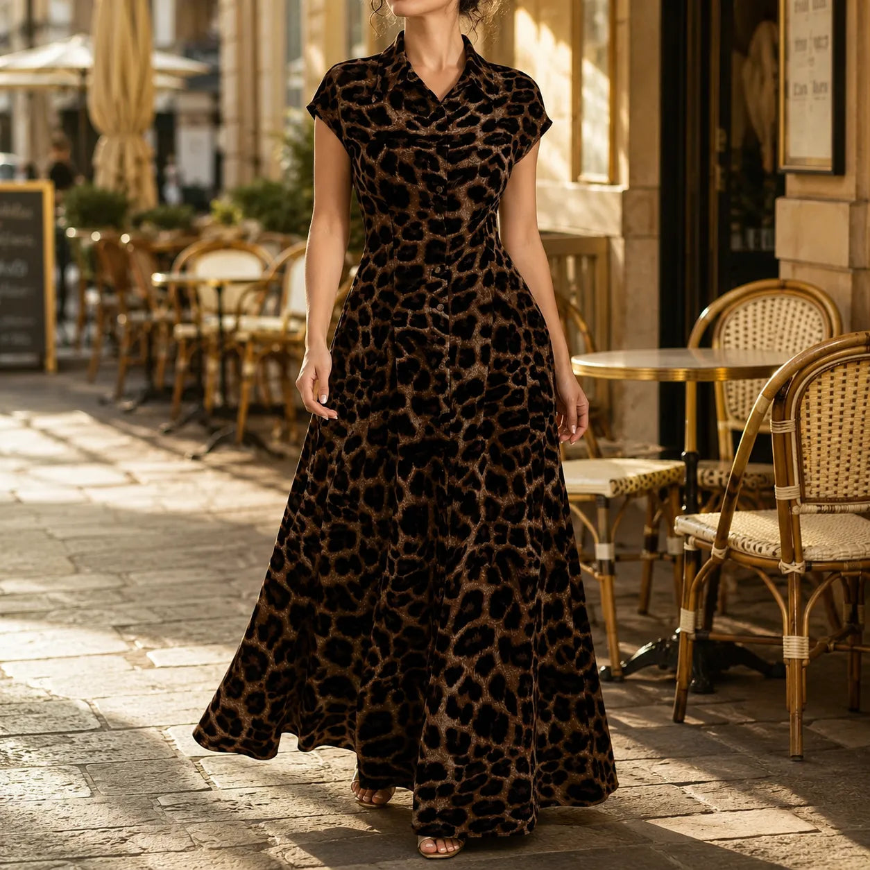 Veluxa – Leopard Print Cinched Waist Maxi Shirt Dress with Pockets
