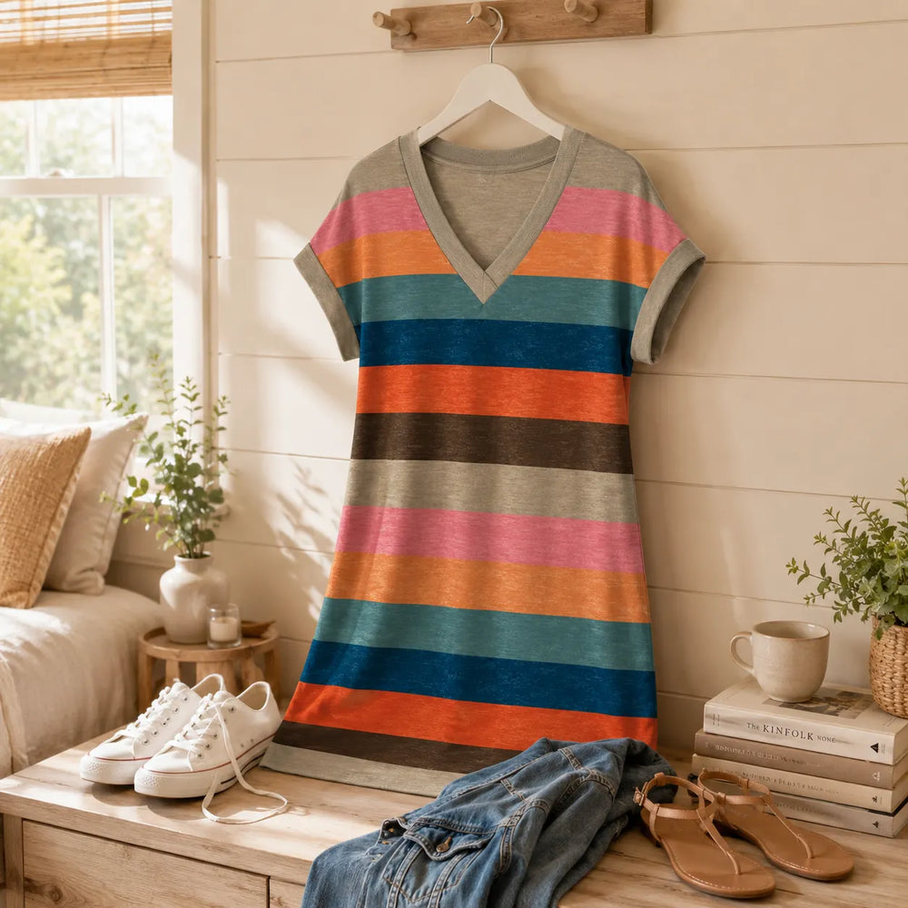 Marlowen – Striped V-Neck Knit T-Shirt Dress for Women, Soft Summer Casual