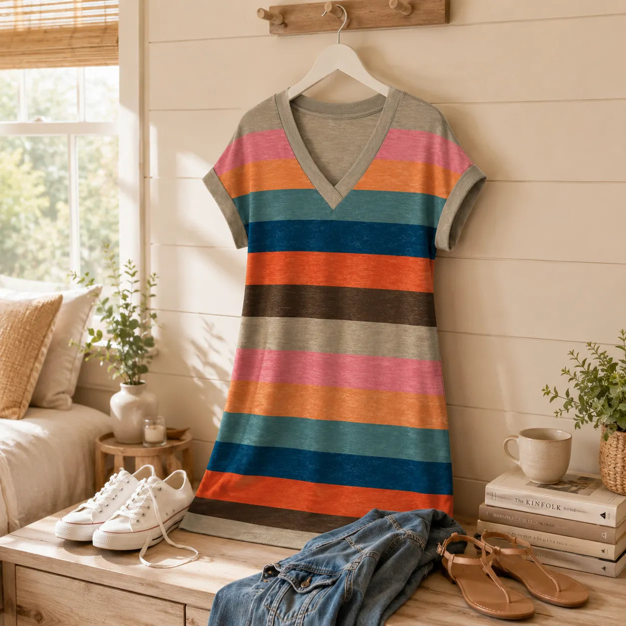 Marlowen – Striped V-Neck Knit T-Shirt Dress for Women, Soft Summer Casual