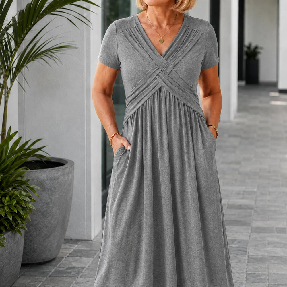 Marabelle – V-Neck Cross-Front Pleated Midi Dress with Pockets