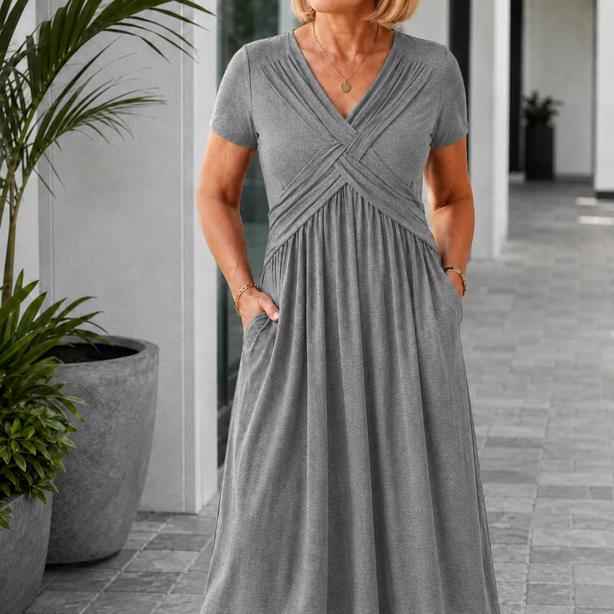 Marabelle – V-Neck Cross-Front Pleated Midi Dress with Pockets