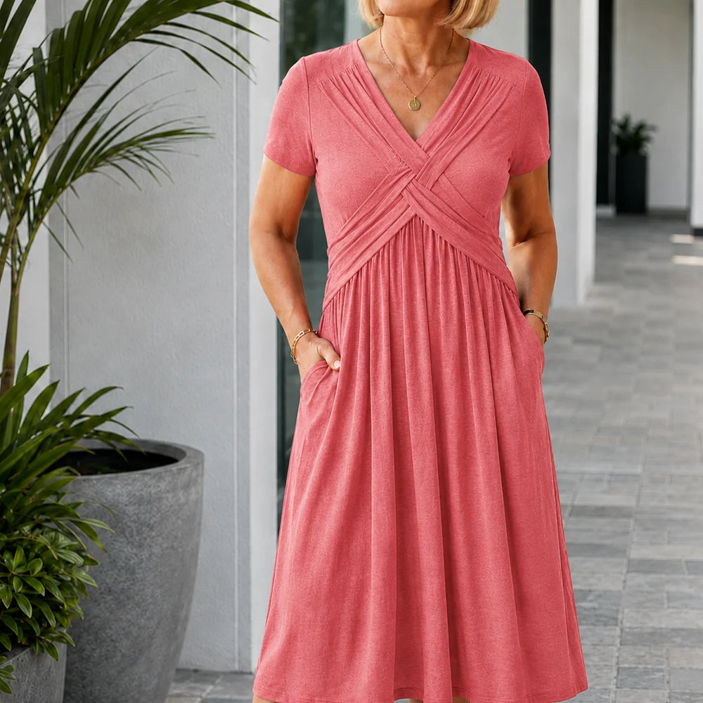 Marabelle – V-Neck Cross-Front Pleated Midi Dress with Pockets