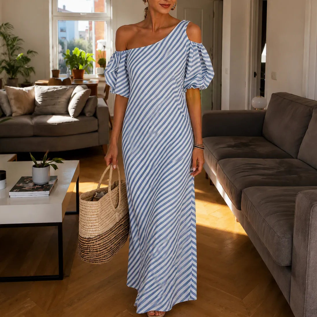 Solenta – Striped Off Shoulder Maxi Dress with Puff Sleeves