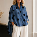 Marevelle – Oversized Polka Dot Denim Shirt with Stand Collar