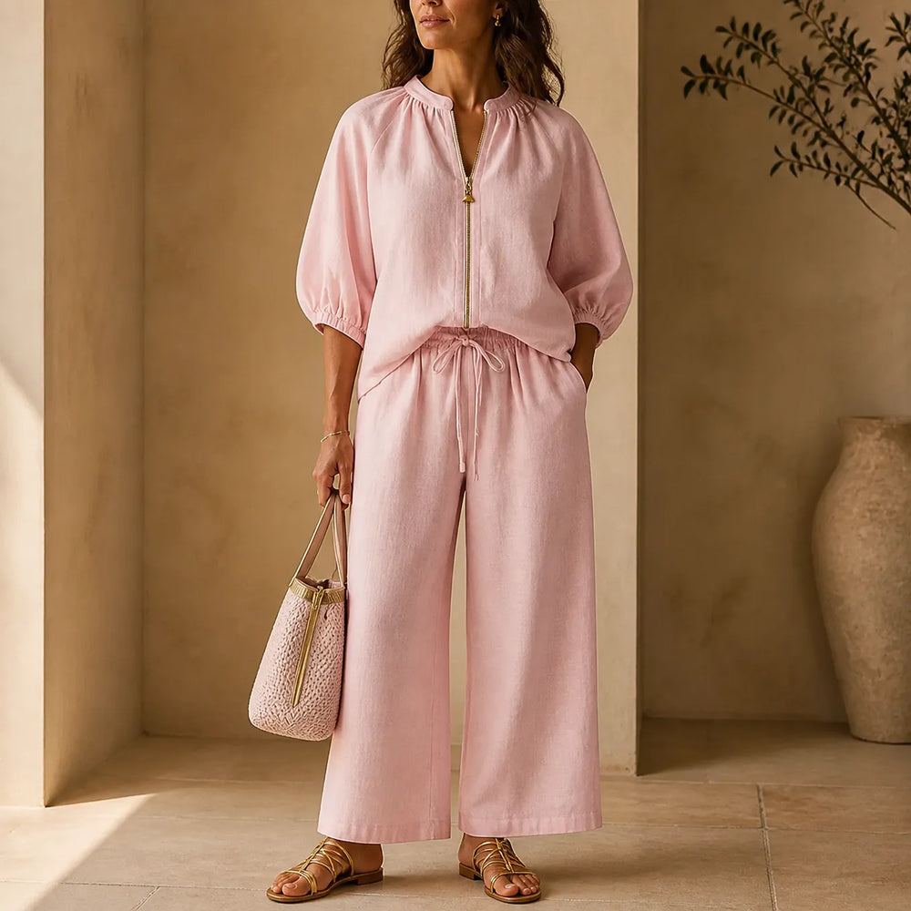 Lunavia – Puff Sleeve Wide Leg Matching Set with Drawstring Waist