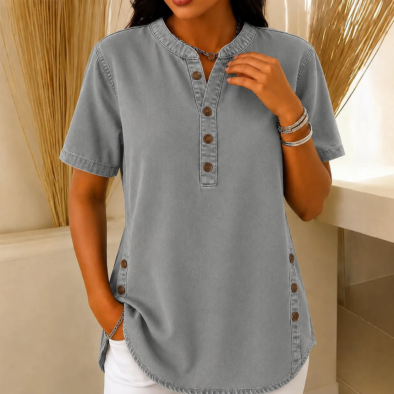 Avelyn – Henley Denim-like Tunic Top with Side Buttons for Women