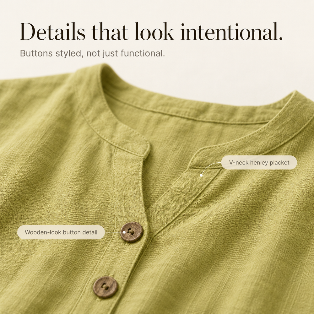 Lunessa™ – Cotton Linen 2 Piece Set Women Henley Top and Drawstring Shorts
