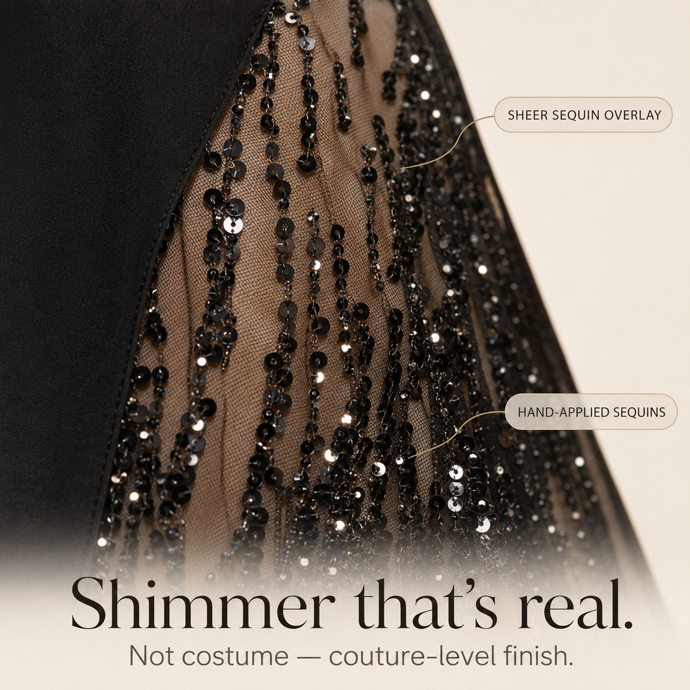 Soirée™ – Sequin Slit Maxi Dress with Convertible Square Neck