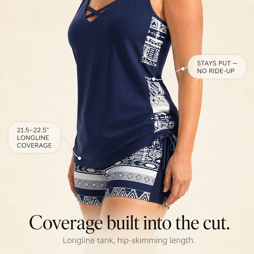 Coastella™ – Longline Tankini Set with Boyshorts for Women, Full Coverage Two Piece Swimsuit
