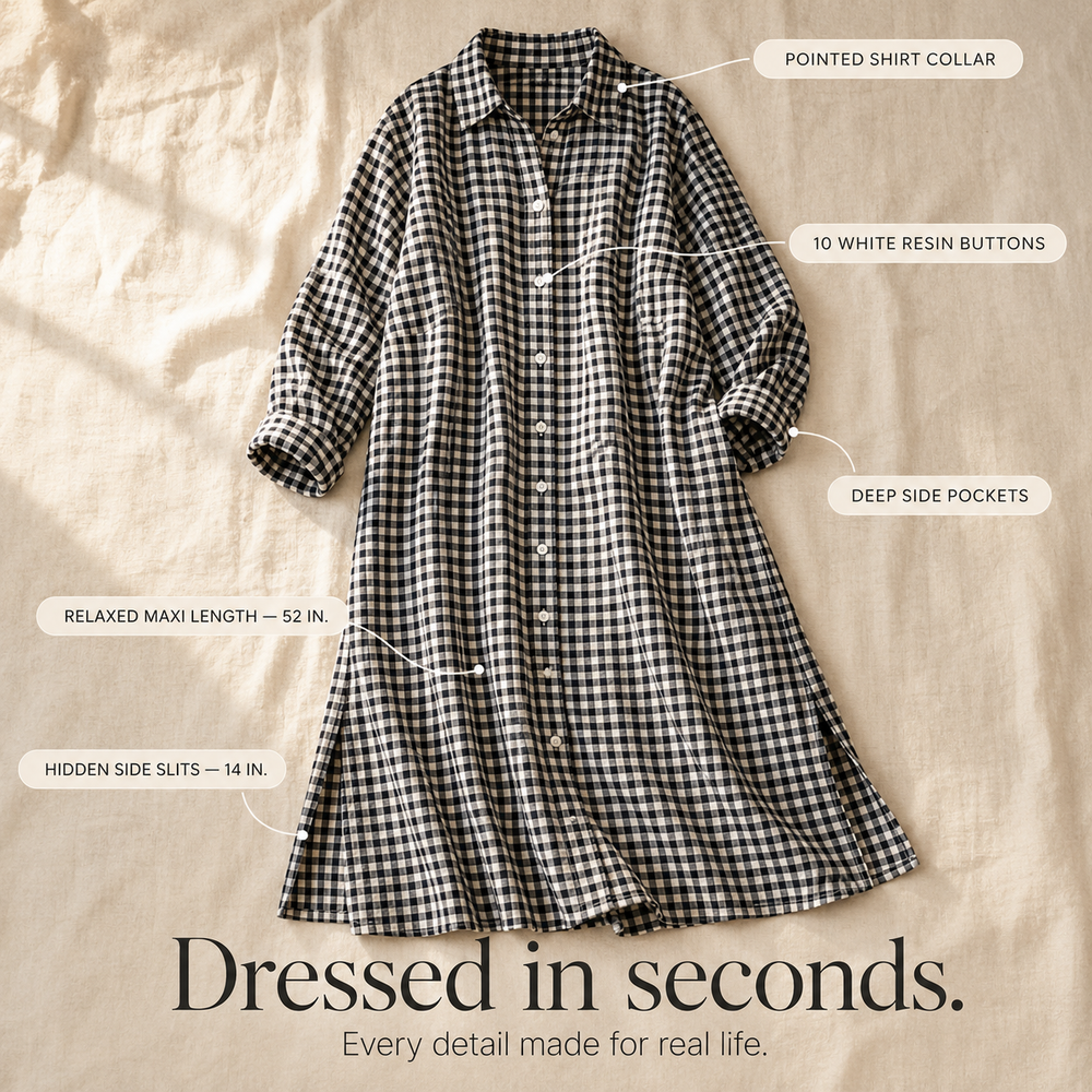 Harlowe™ – Gingham Button-Front Maxi Shirt Dress with Side Slits