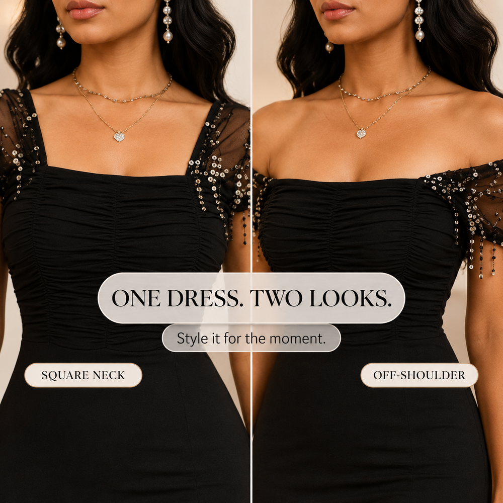 Soirée™ – Sequin Slit Maxi Dress with Convertible Square Neck