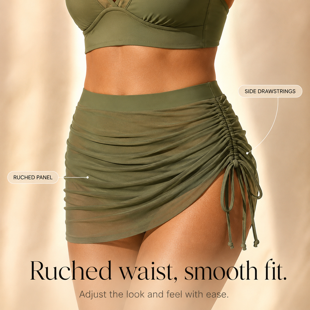 Solivia™ – High Waist 3-Piece Swim Set with Mesh V-Top, Ruched Skirt & Sheer Overlay