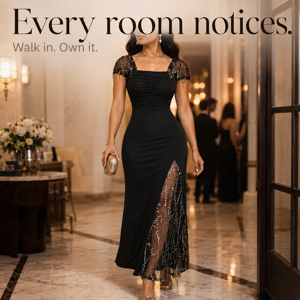 Soirée™ – Sequin Slit Maxi Dress with Convertible Square Neck