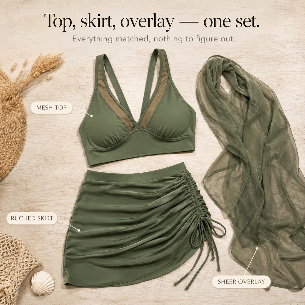 Solivia™ – High Waist 3-Piece Swim Set with Mesh V-Top, Ruched Skirt & Sheer Overlay