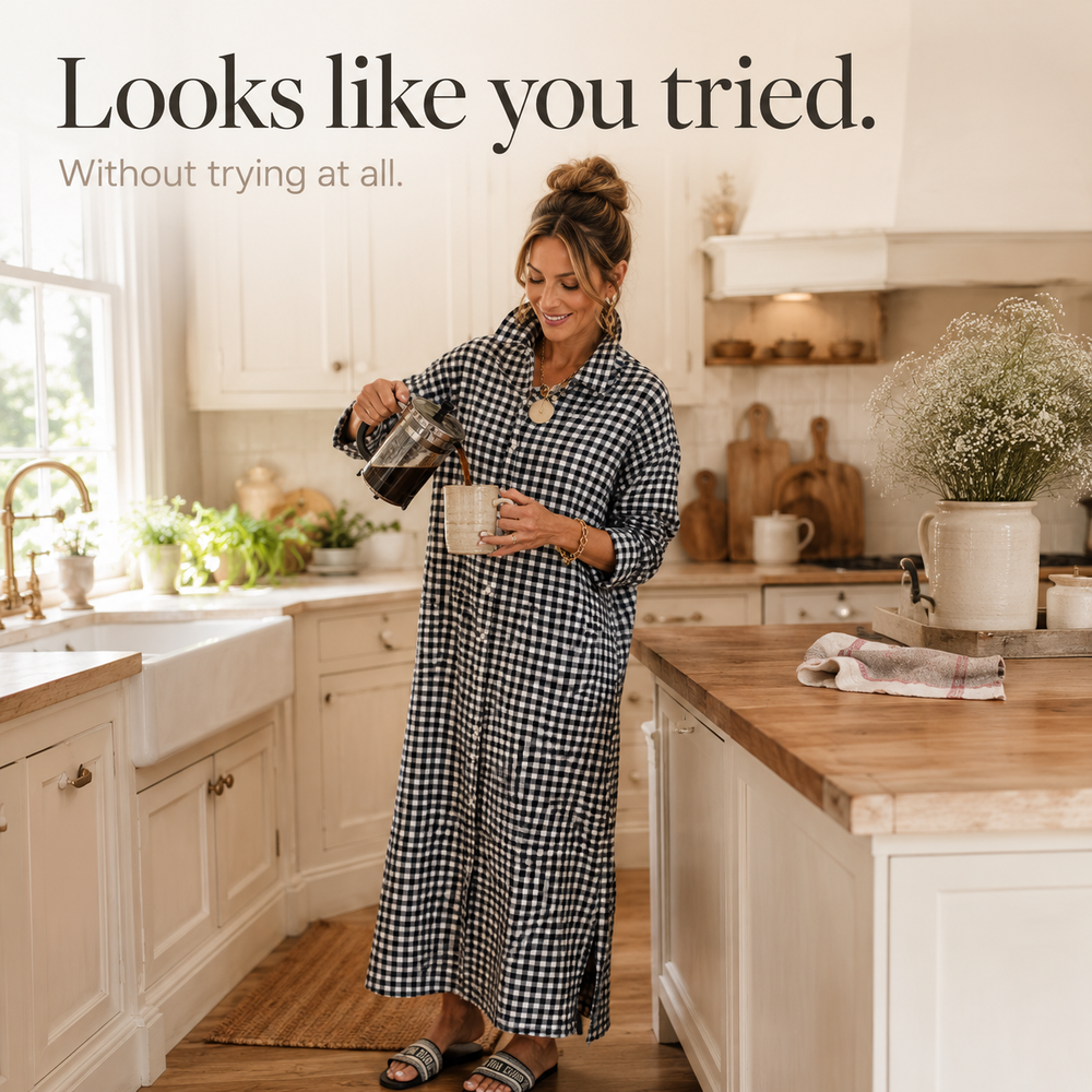 Harlowe™ – Gingham Button-Front Maxi Shirt Dress with Side Slits