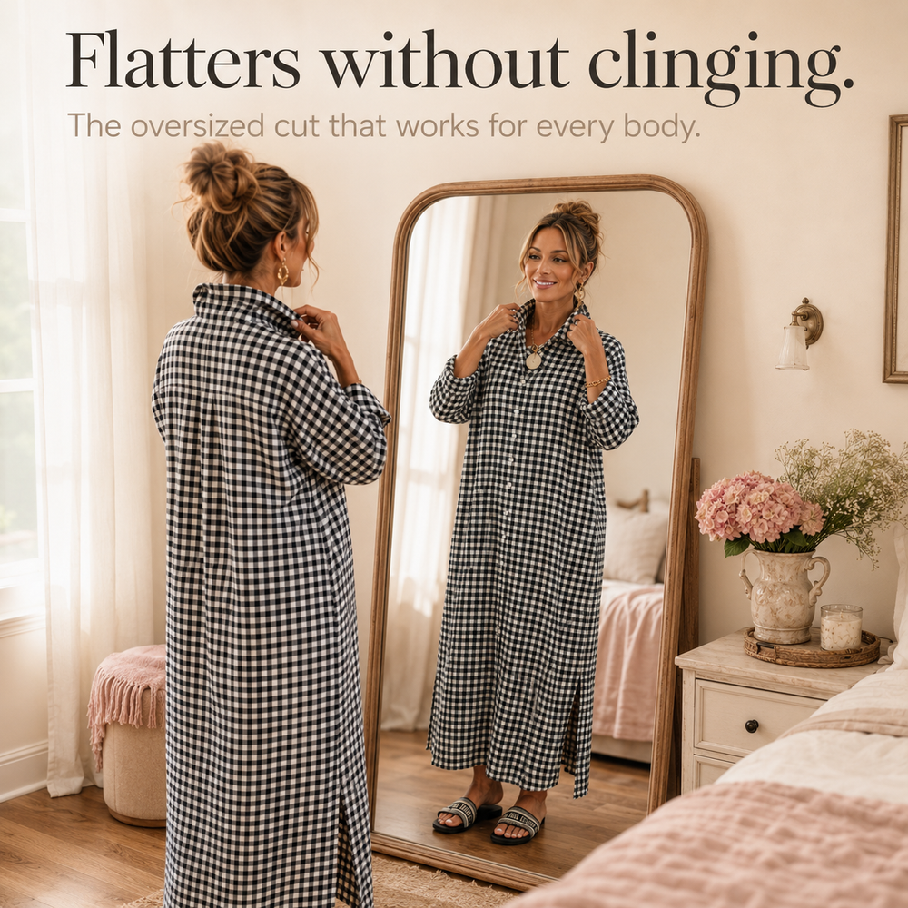 Harlowe™ – Gingham Button-Front Maxi Shirt Dress with Side Slits