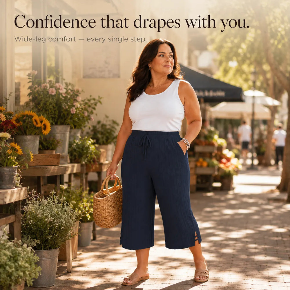 Velora – Ribbed Wide-Leg Capri Pants with Drawstring Waist & Side Slit, Plus Size 1XL–5XL