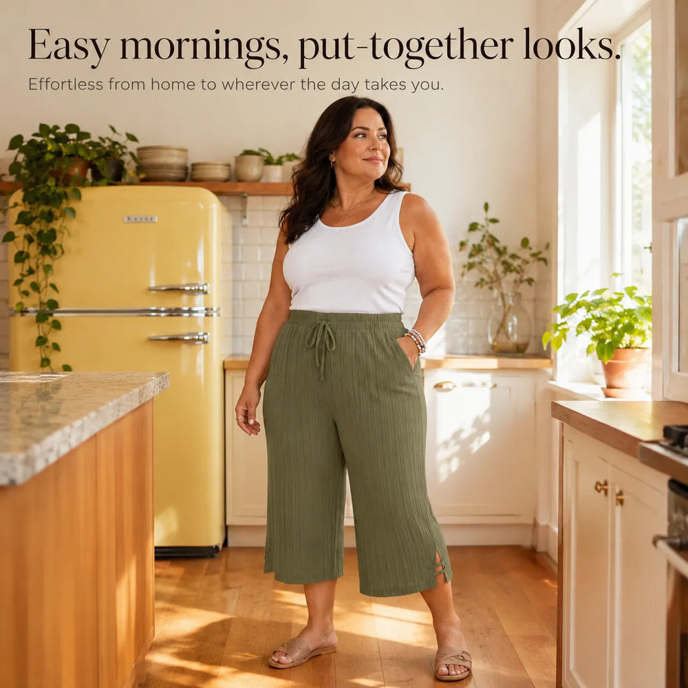 Velora – Ribbed Wide-Leg Capri Pants with Drawstring Waist & Side Slit, Plus Size 1XL–5XL