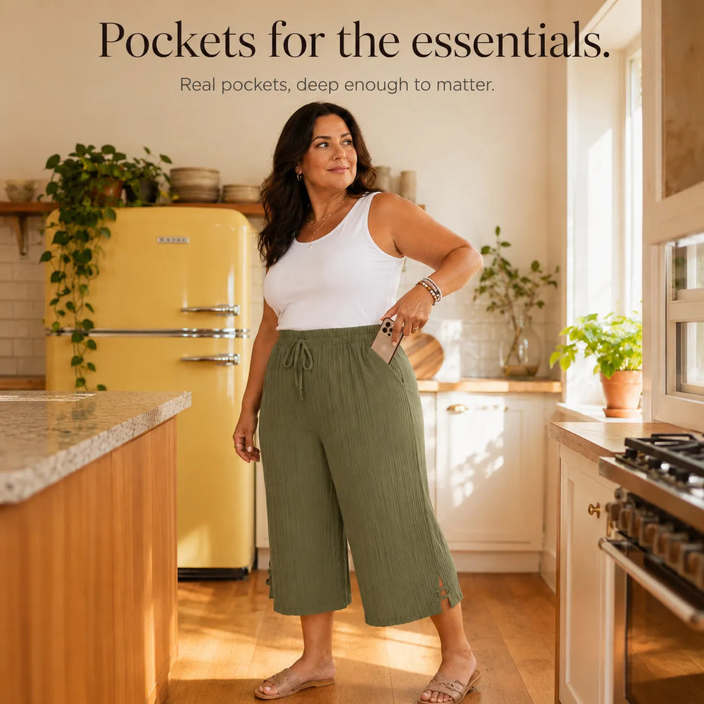 Velora – Ribbed Wide-Leg Capri Pants with Drawstring Waist & Side Slit, Plus Size 1XL–5XL