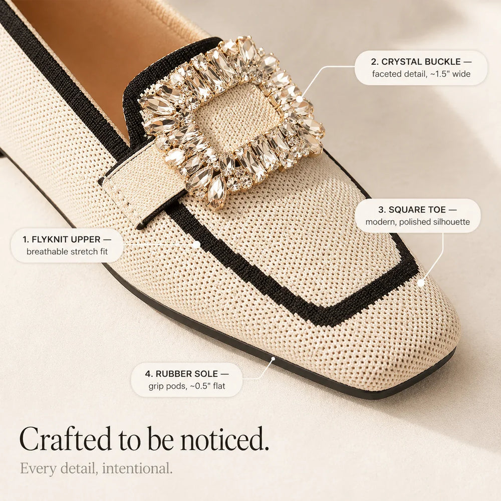 Vellora – Crystal Buckle Knit Loafers, Square Toe Slip-On Flats for Women