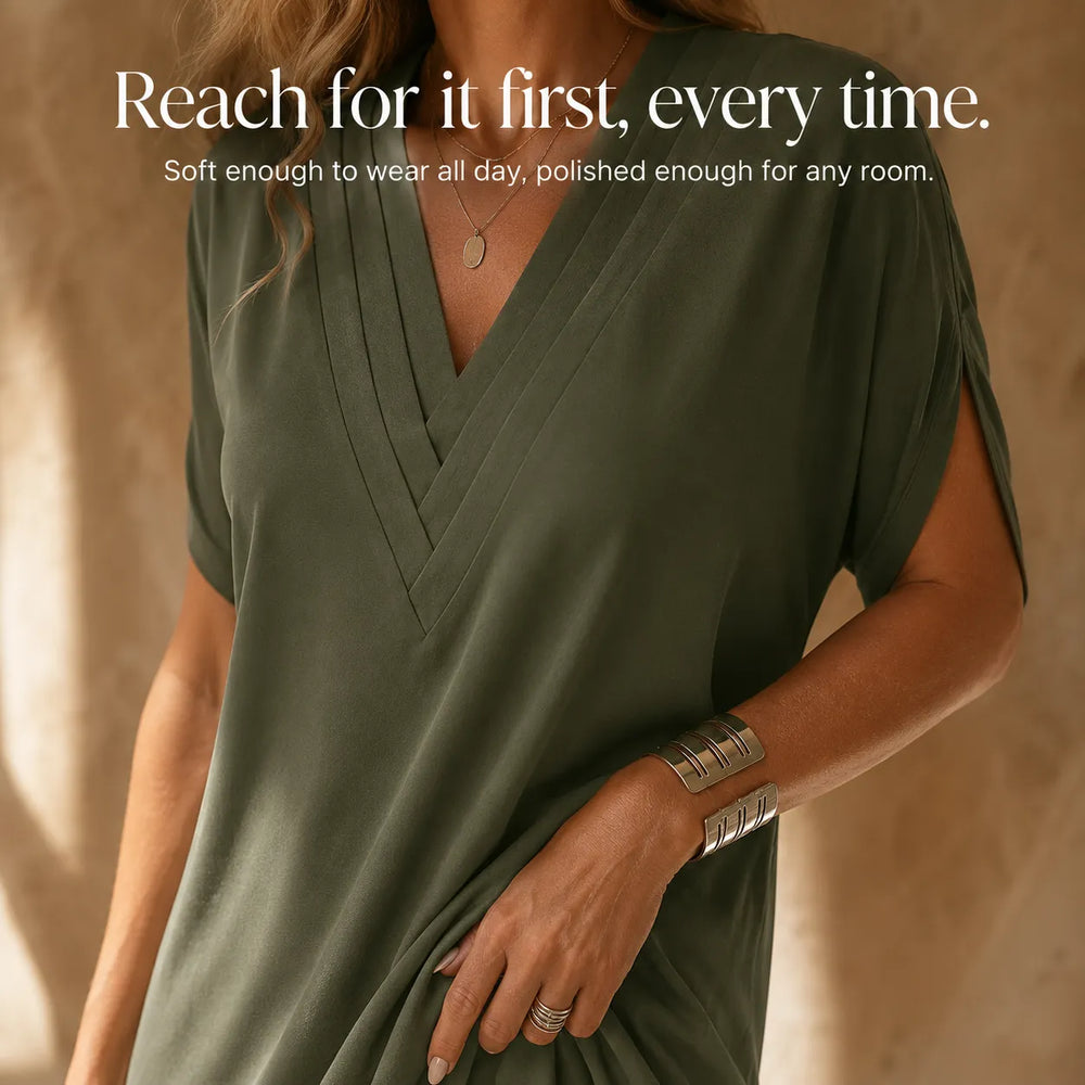 Solenne – Pleated V-Neck Soft-Drape Shift Dress