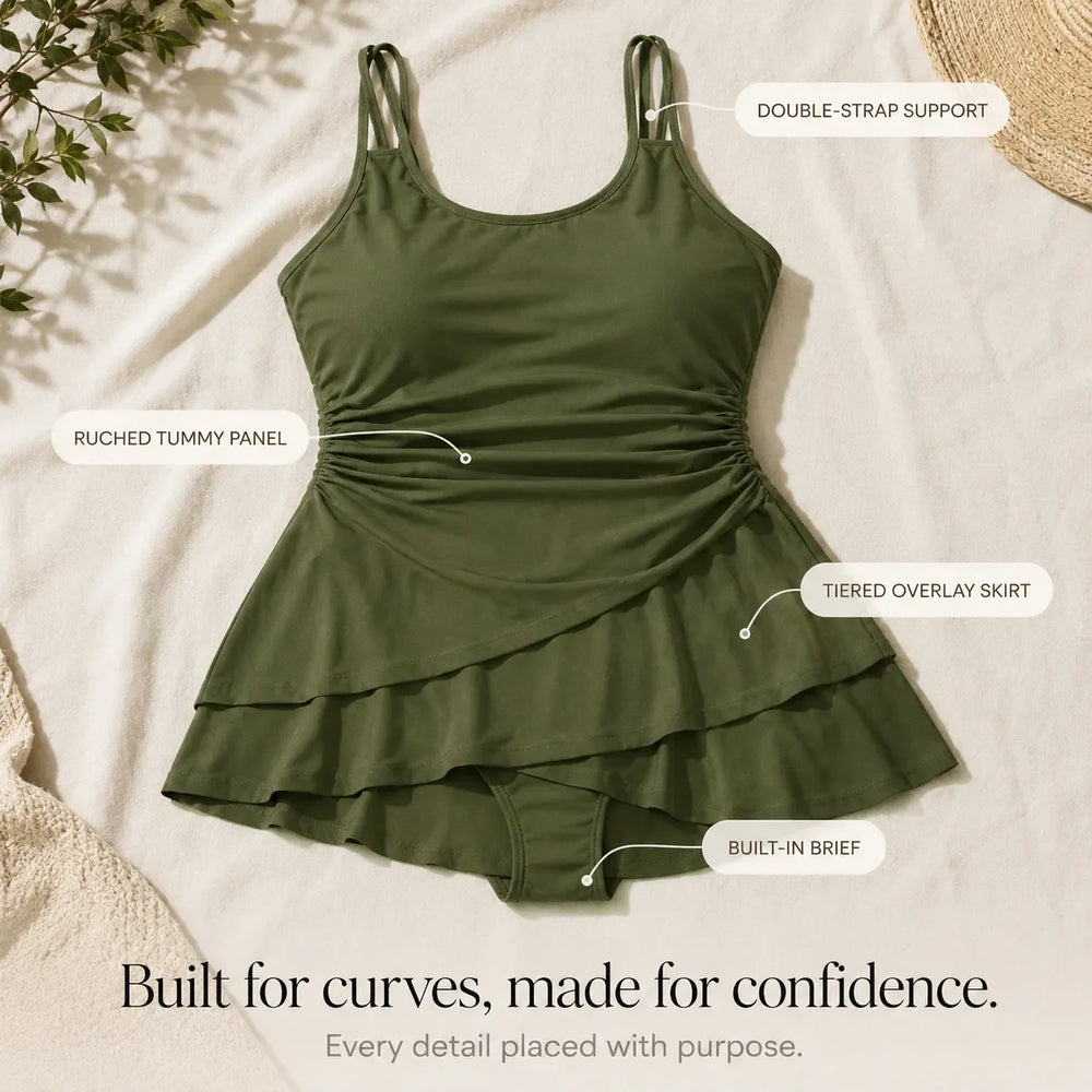 Marella – Ruched Skirted Swim Dress with Tummy Control and Double Straps
