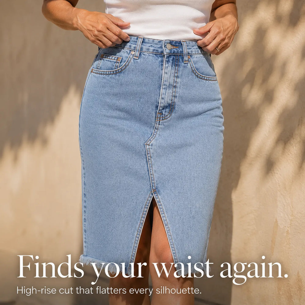 Marivel – High Waisted Denim Midi Skirt with Front Slit and Frayed Hem