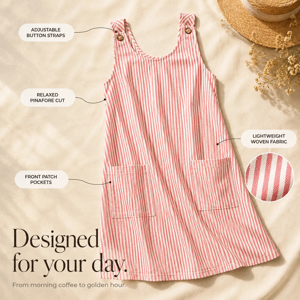 Solene – Striped Button-Strap Pinafore Sundress with Pockets