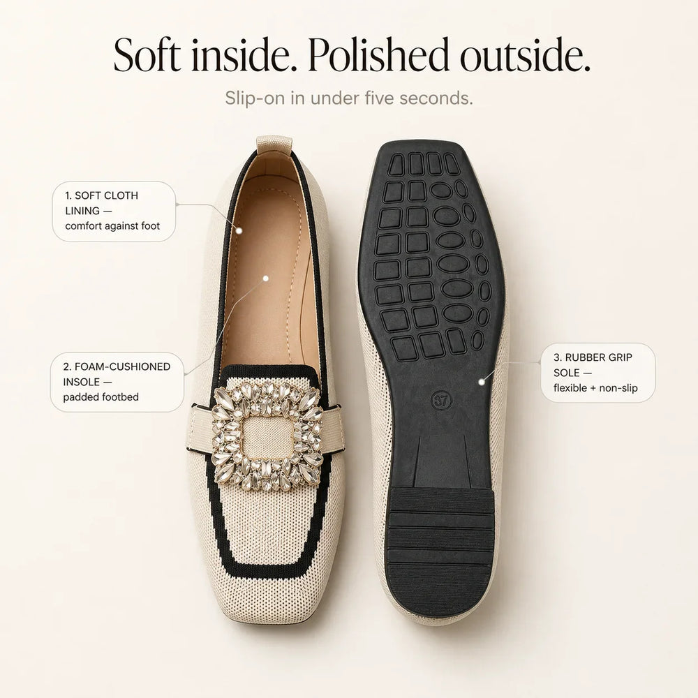 Vellora – Crystal Buckle Knit Loafers, Square Toe Slip-On Flats for Women