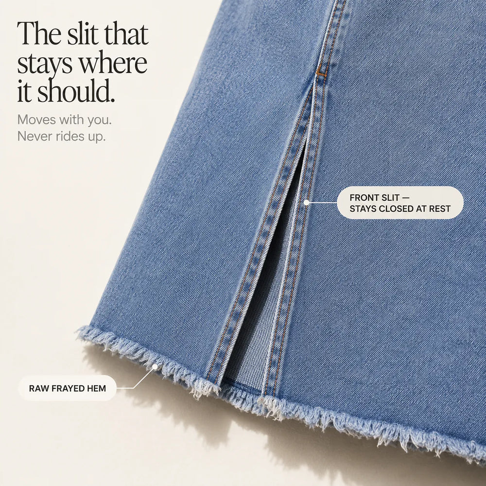 Marivel – High Waisted Denim Midi Skirt with Front Slit and Frayed Hem