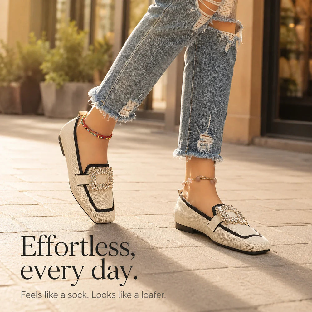 Vellora – Crystal Buckle Knit Loafers, Square Toe Slip-On Flats for Women