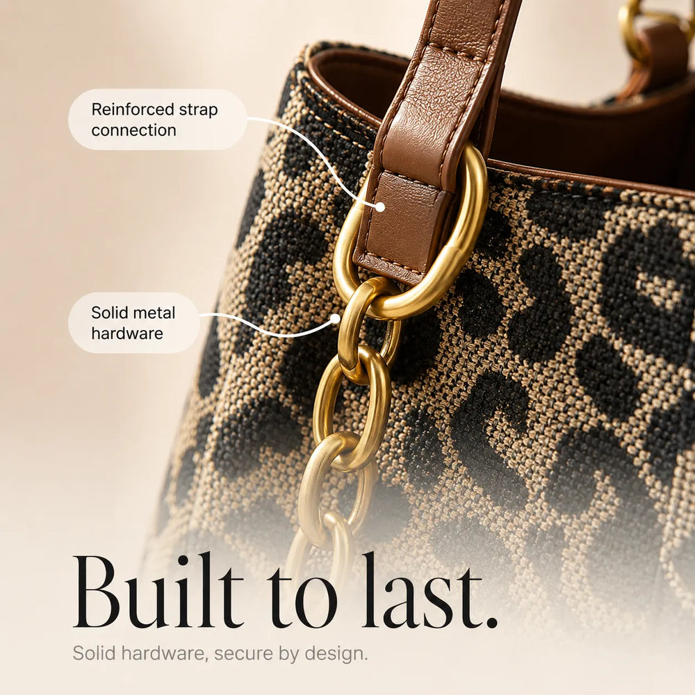 Florella – Woven Leopard Print Tote Bag with Leather Trim and Gold Chain