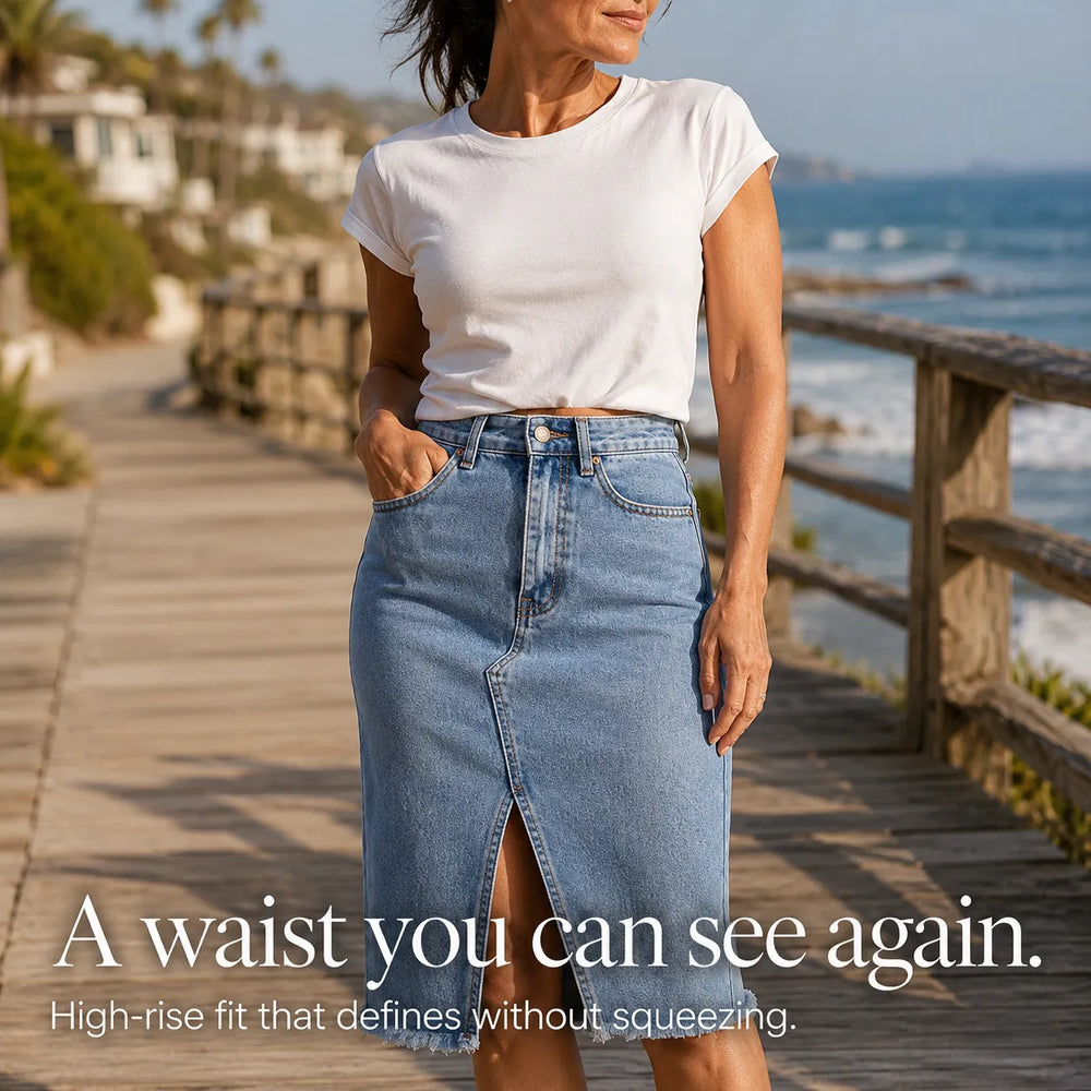 Marivel – High Waisted Denim Midi Skirt with Front Slit and Frayed Hem