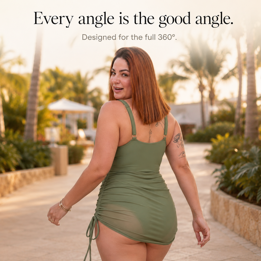 Soliva™ – Ruched Mesh Waist One Piece Swimsuit with Built-in Skirt