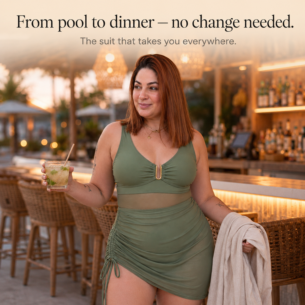 Soliva™ – Ruched Mesh Waist One Piece Swimsuit with Built-in Skirt