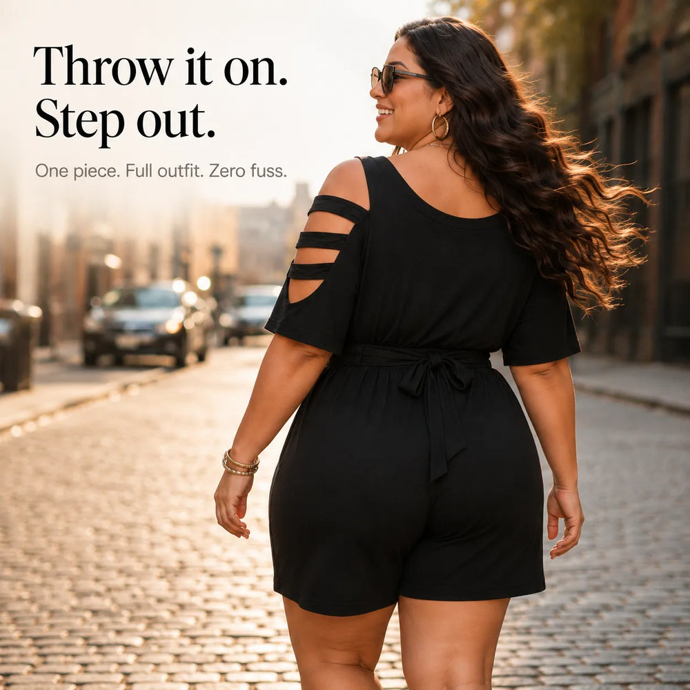 Curvella – Cold-Shoulder Belted Romper with Tie Waist & Pockets