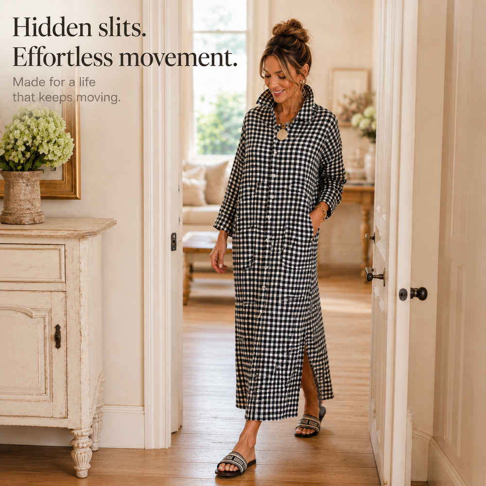 Harlowe™ – Gingham Button-Front Maxi Shirt Dress with Side Slits