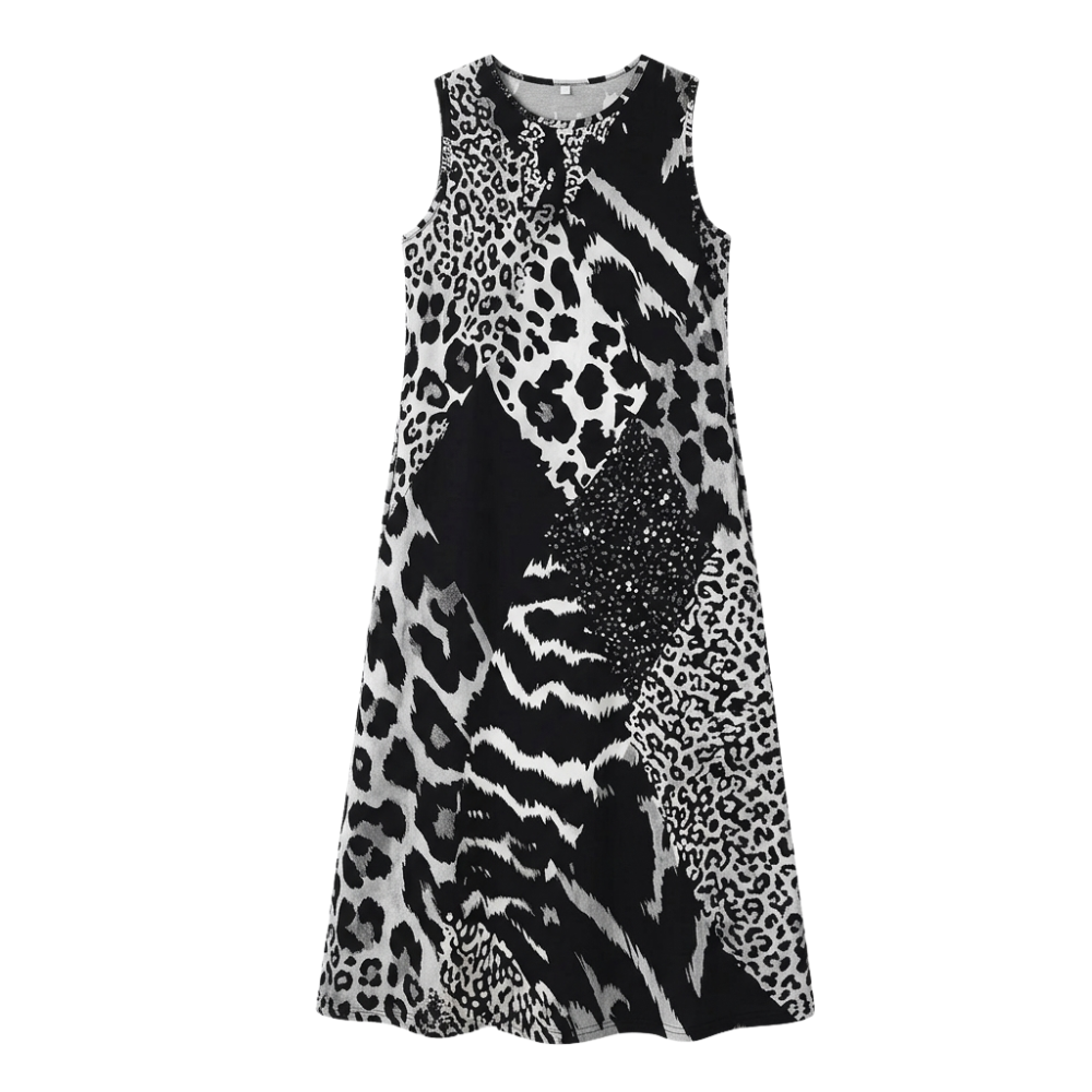 Vivara – Sleeveless Leopard Patchwork Midi Dress