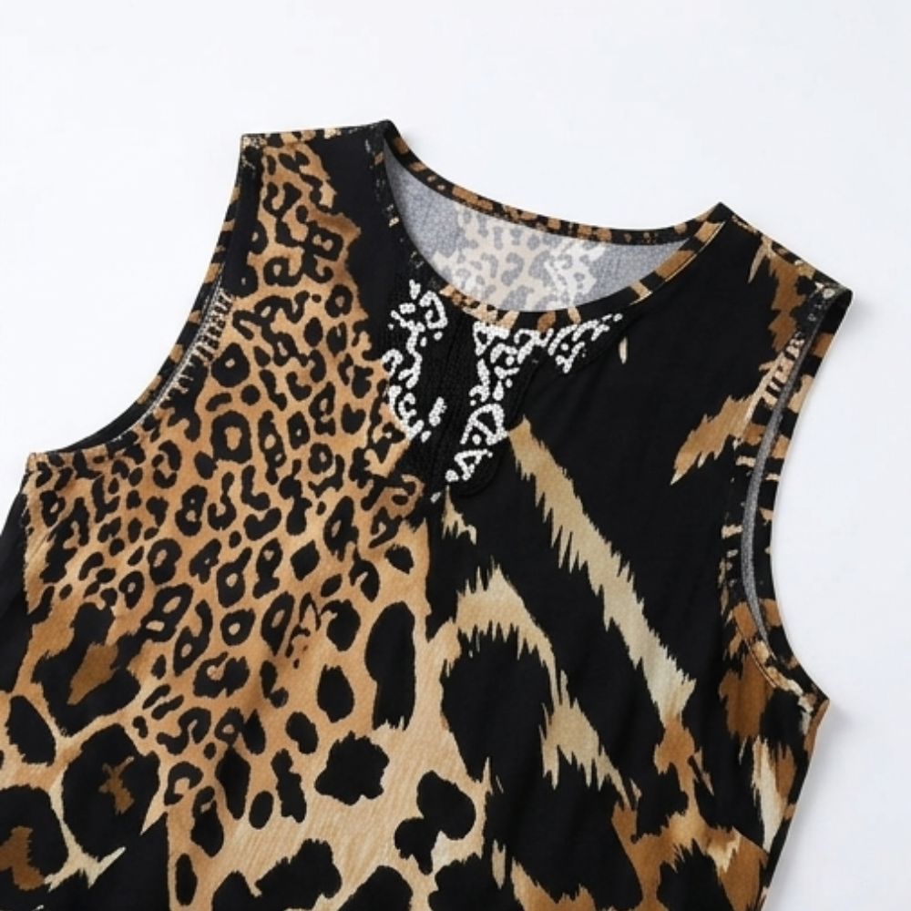 Vivara – Sleeveless Leopard Patchwork Midi Dress
