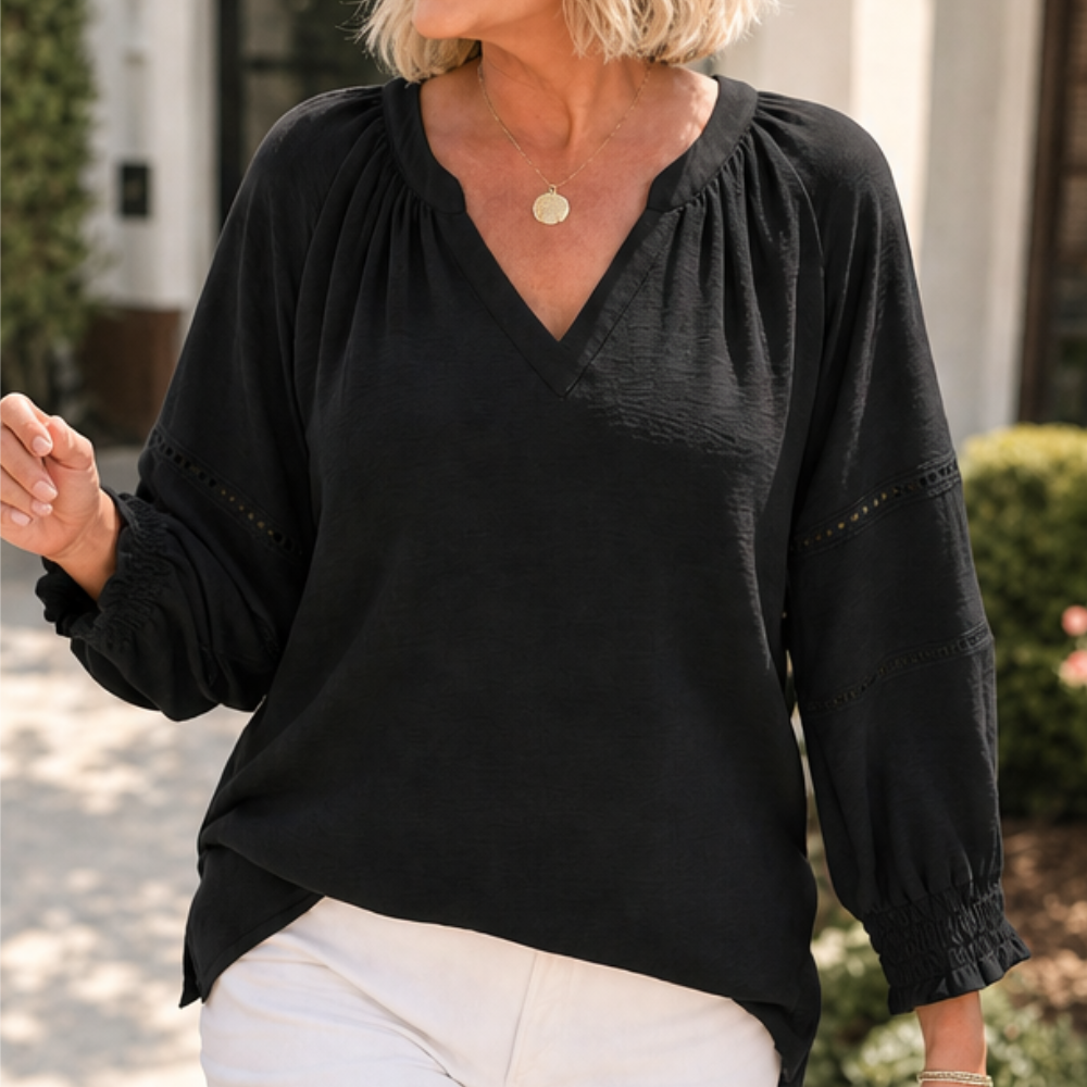 Belvora™ – Lantern Sleeve V-Neck Blouse