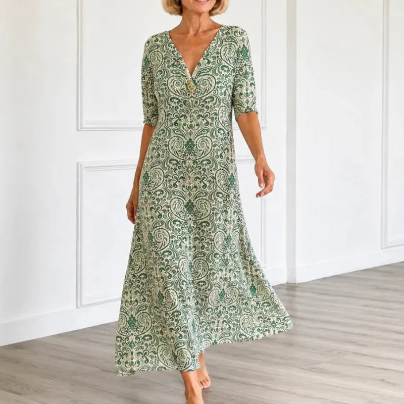 Florenza – Vintage Paisley V-Neck A-Line Maxi Dress with Half Sleeves